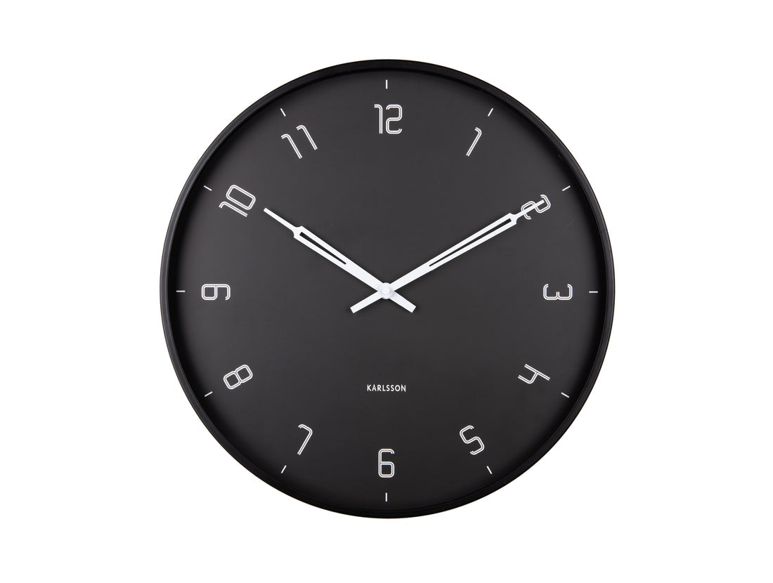 Black Stark wall clock at a slight angle on white