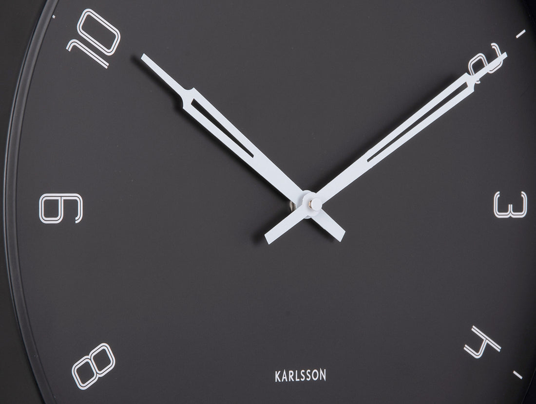 Close crop of the black Stark clock face with white hands and numerals