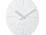 Close up of the white Arlo clock dial and markers