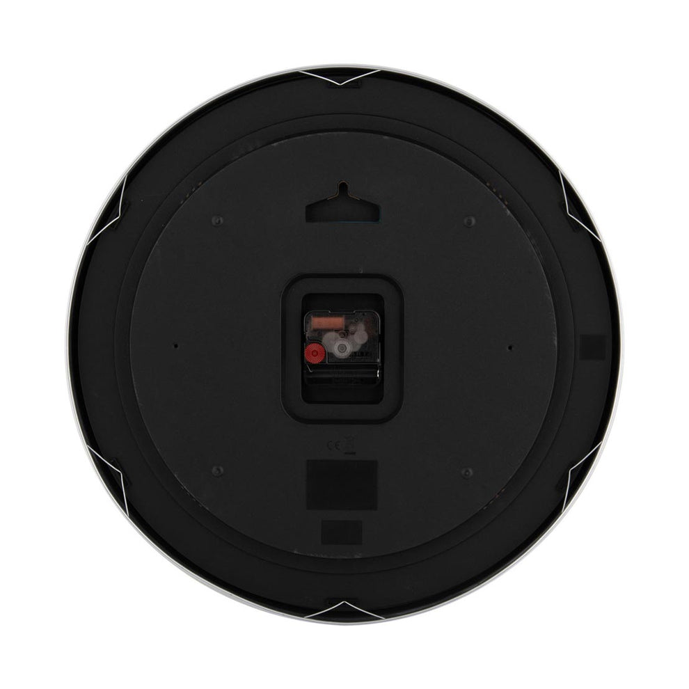 Reverse of the Karlsson Elegance Glow Wall Clock showing the black backplate, battery housing and keyhole hanger
