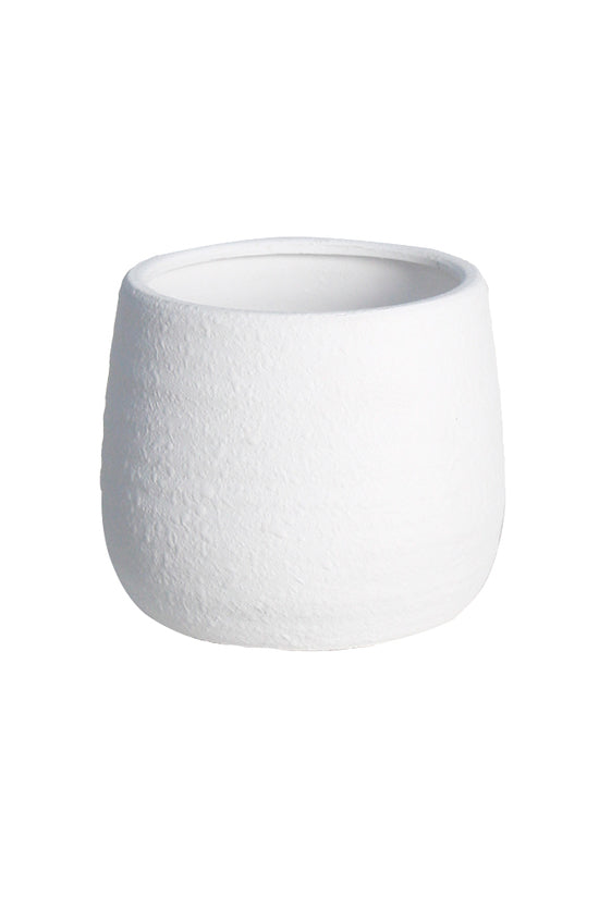 Kianna white cover pot from a slightly lower angle, showing the rolled rim and tapered base