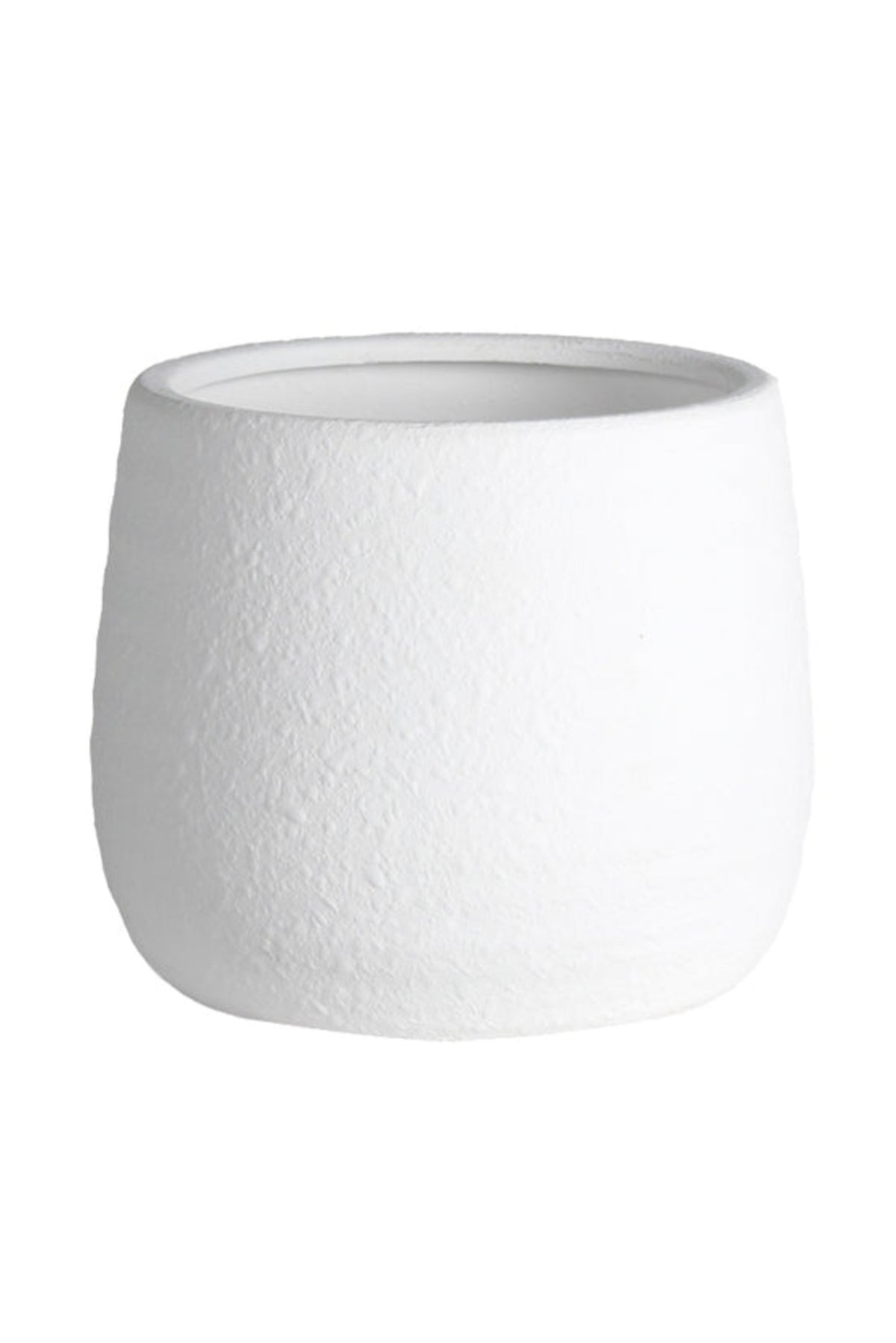 Kianna cover pot in white with a softly rounded belly and finely textured surface, white background