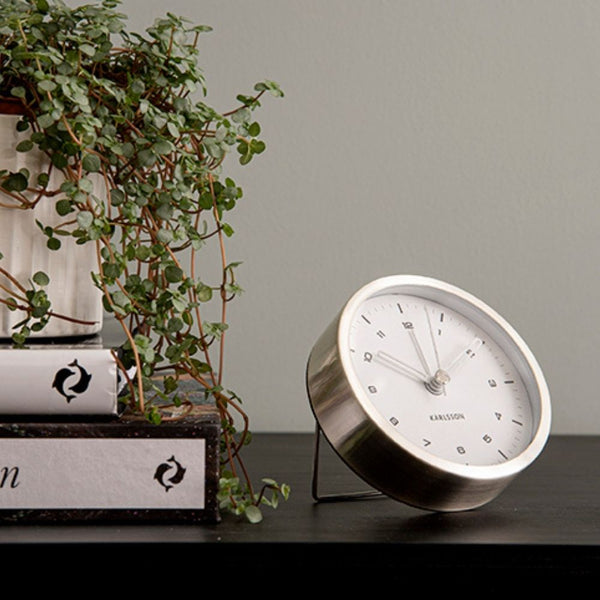 Karlsson Tinge Alarm Clock — Brushed Steel, Silent, 9cm (White/Black)