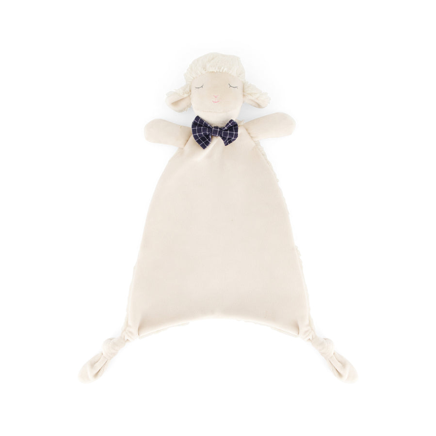 Liam the Lamb comforter in cream with a lamb head and bow tie, on white
