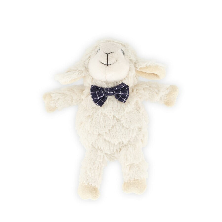 Liam the Lamb baby rattle by Lily & George, cream curly plush with a navy check bow tie, on white