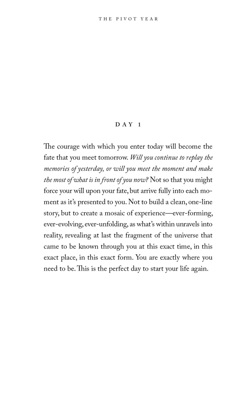 A black and white image of a page from "The Pivot Year" by Brianna Wiest, published by Thought Catalog.