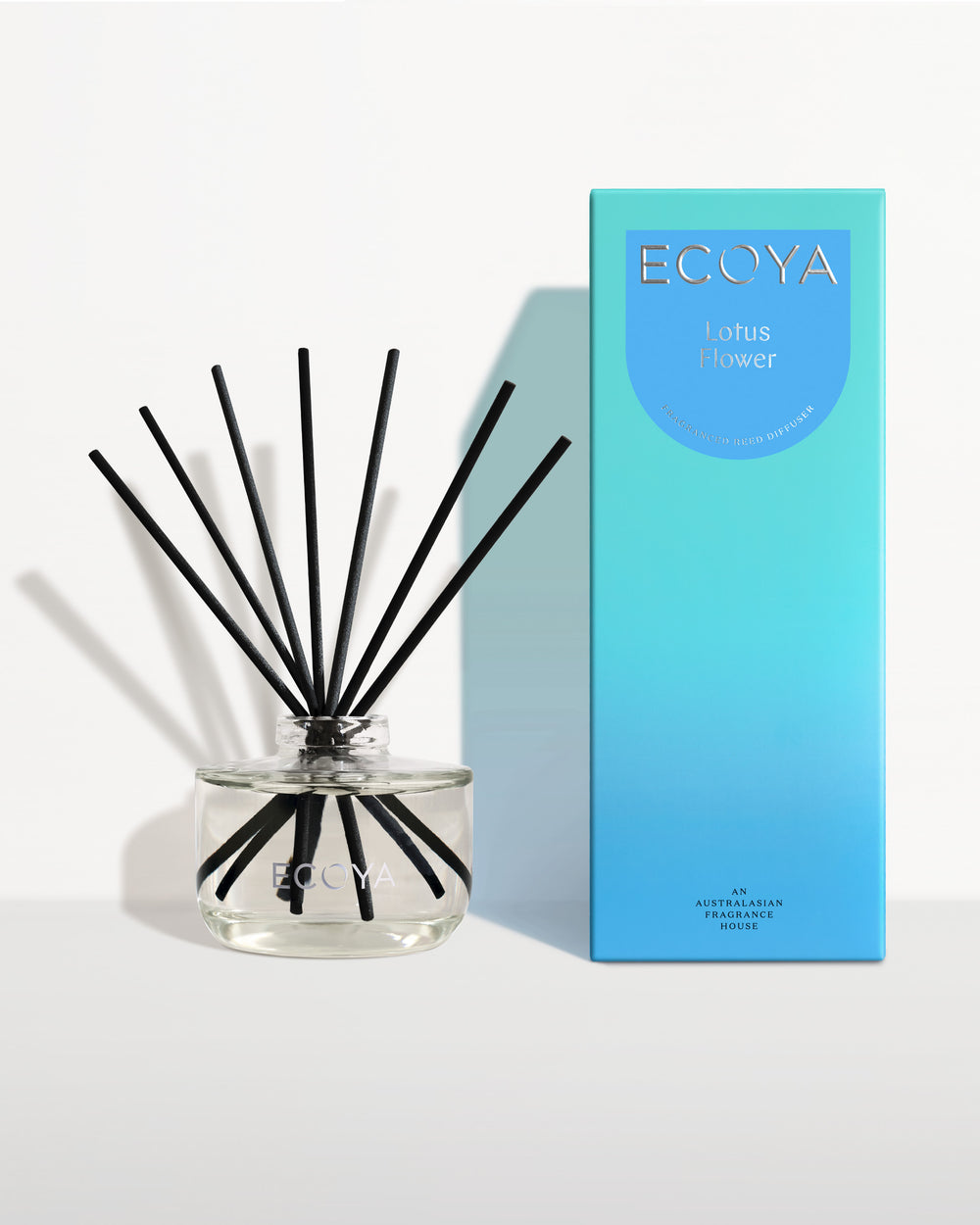 Ecoya Lotus Flower reed diffuser beside its blue gift box