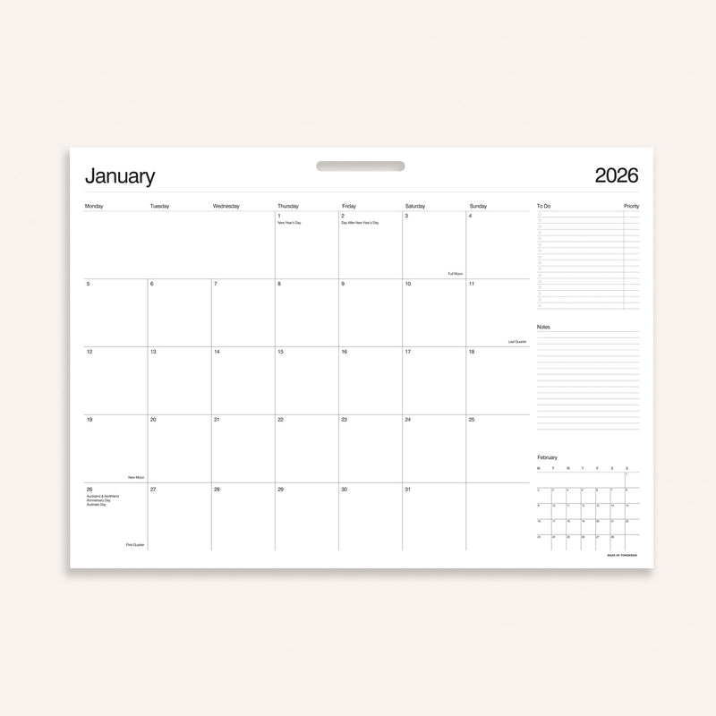 Made of Tomorrow 2026 Monthly Planner – Wall Calendar with NZ/AUS Dates