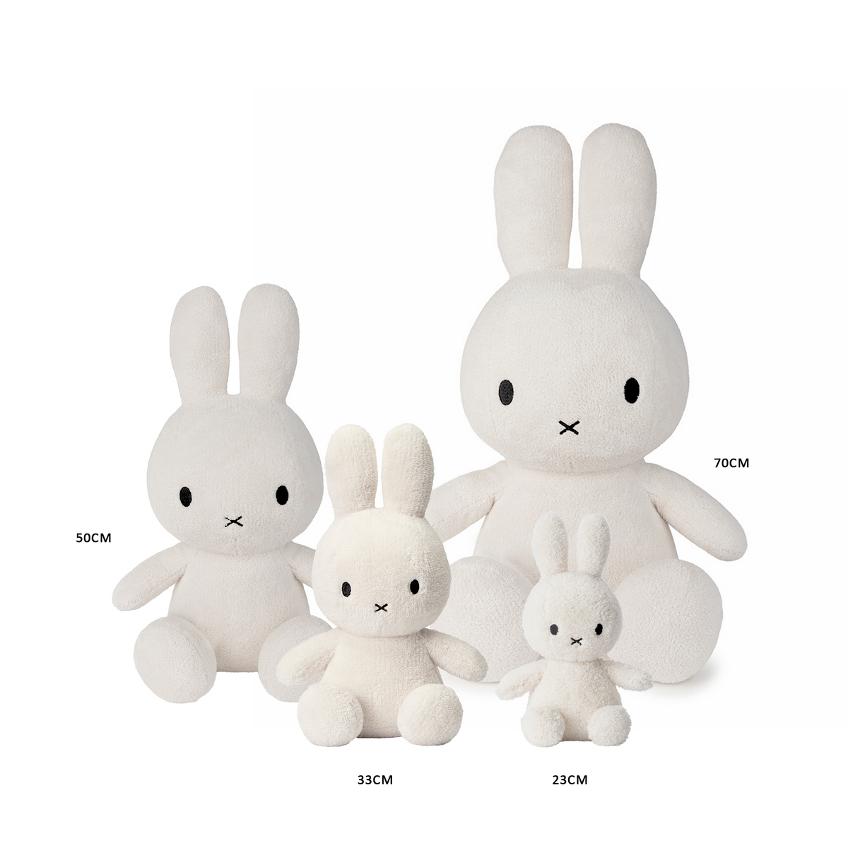 Cream Miffy teddies in four sizes, on white