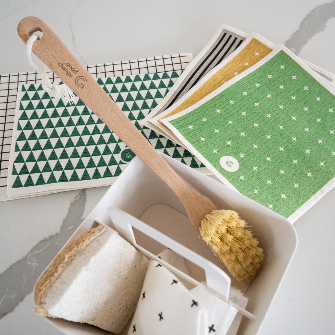 Natural eco cleaning kit for the modern home with dish brush and cloths