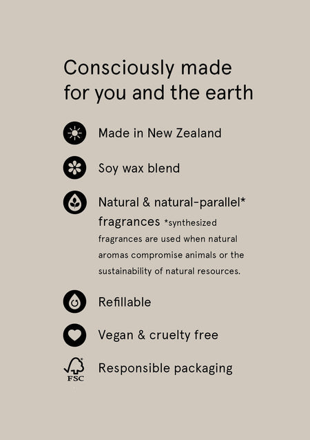 Consciously made card listing Naturals candle packaging points on taupe