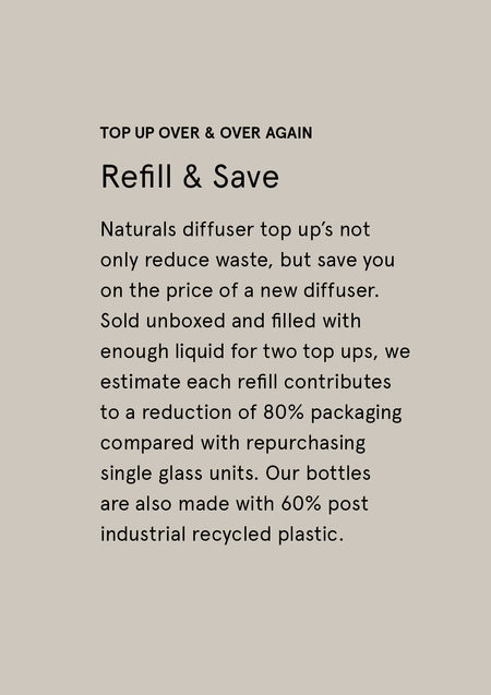 Refill and Save card explaining Naturals diffuser top ups on taupe
