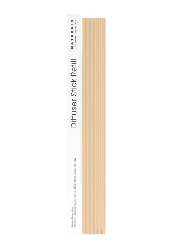 Bundle of natural reed sticks beside the white Naturals Diffuser Stick Refill pack, on white