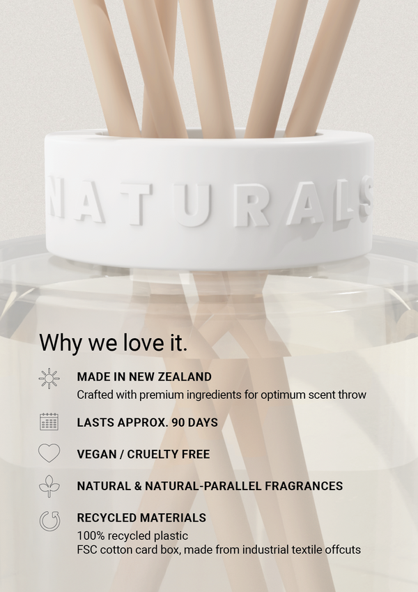 Naturals reed sticks in a glass diffuser, beside the brand's made in New Zealand and vegan details