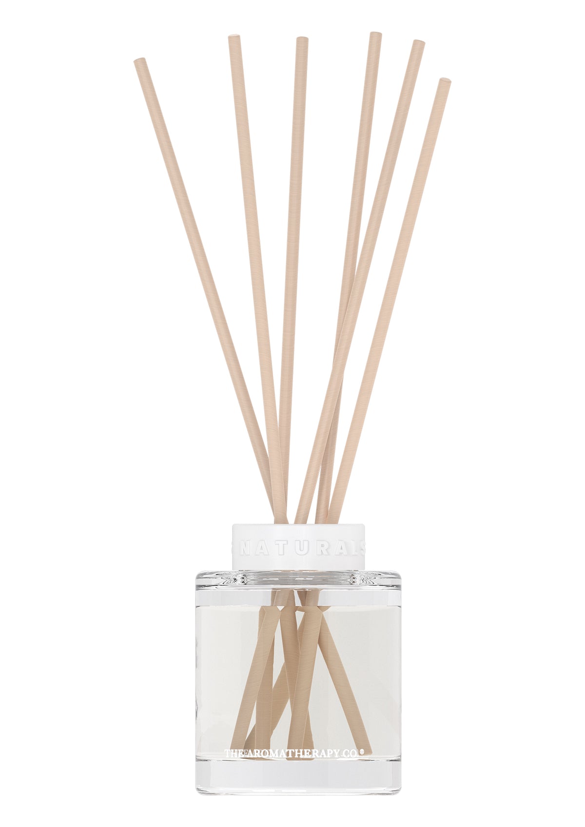 Naturals Santal and Vanilla Orchid reed diffuser, clear glass bottle with pale reeds on white