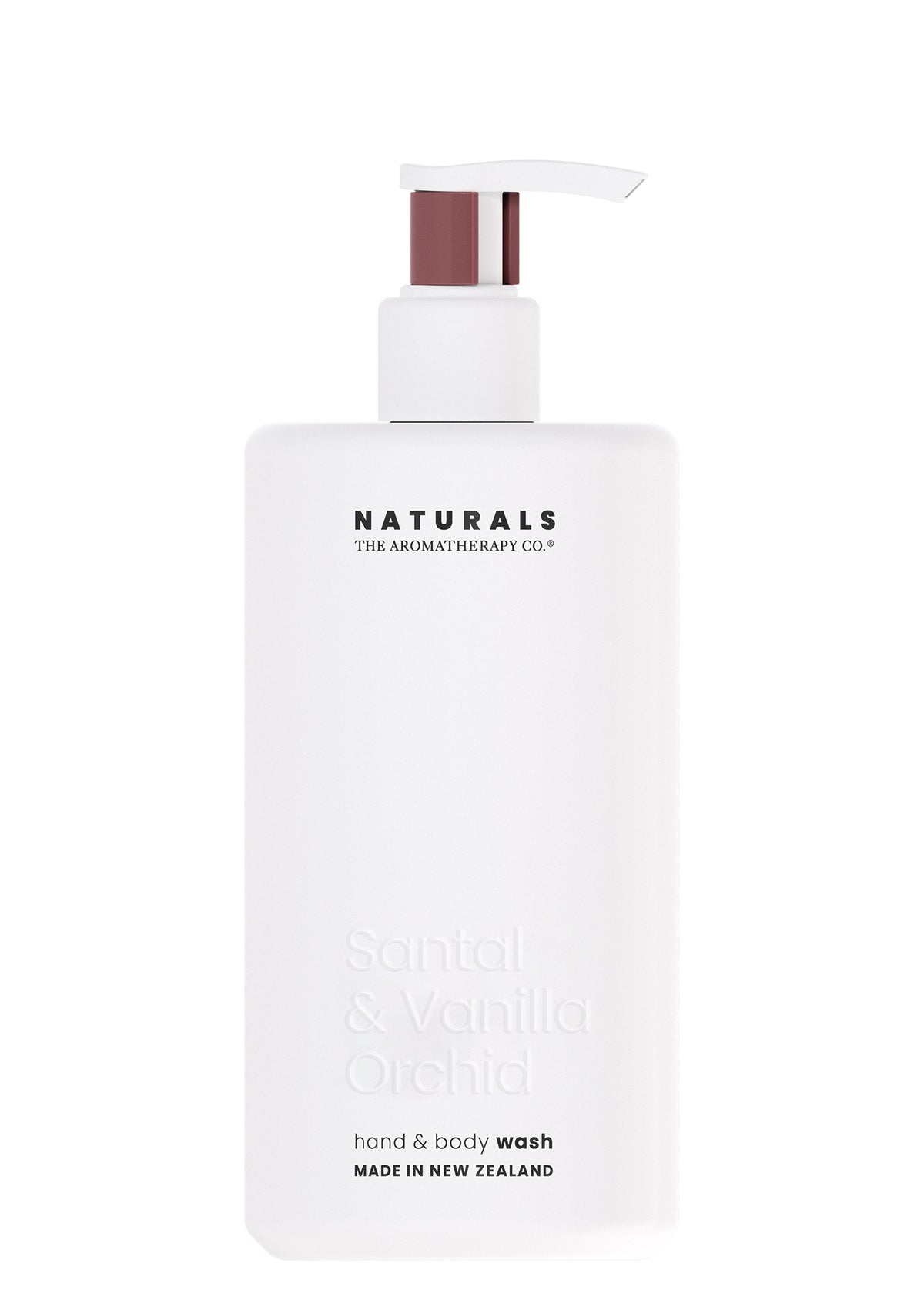 Naturals Santal and Vanilla Orchid Hand and Body Wash 400ml, a frosted white pump bottle on a plain background