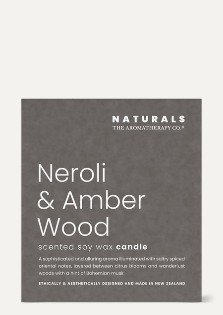 Charcoal Neroli and Amber Wood scented soy wax candle box standing on a pale surface