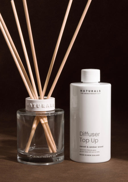 Naturals diffuser and top up bottle against a dark background