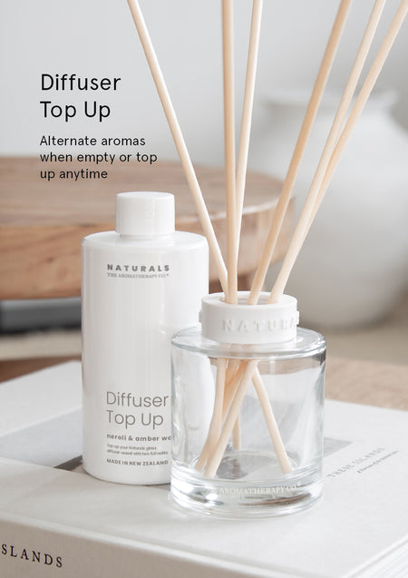 Naturals diffuser and its top up bottle resting on a book