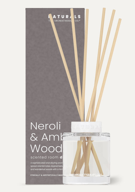 Naturals diffuser in front of its grey Neroli and Amber Wood box on a pale background