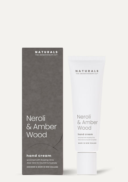 Neroli & Amber Wood hand cream and grey box standing on a pale background with a soft shadow