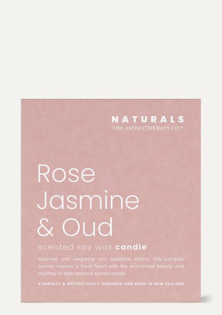 Naturals Rose Jasmine & Oud candle box in dusty pink on a pale background