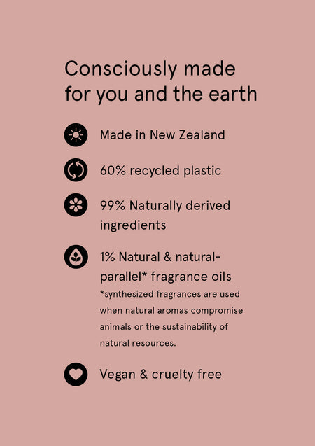Consciously made card listing Naturals packaging and ingredient points on dusty pink