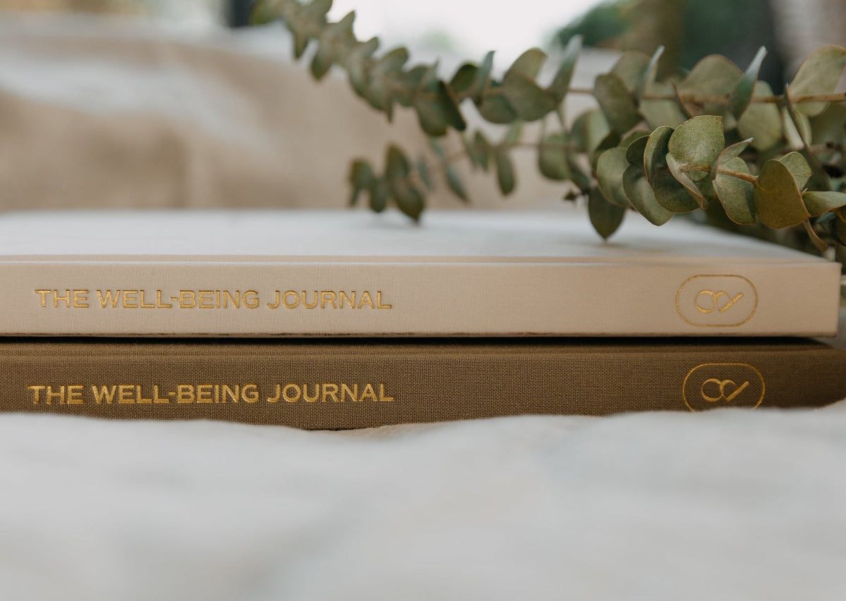 Two YOU. journals stacked on linen showing the gold foil spine lettering, with dried eucalyptus behind