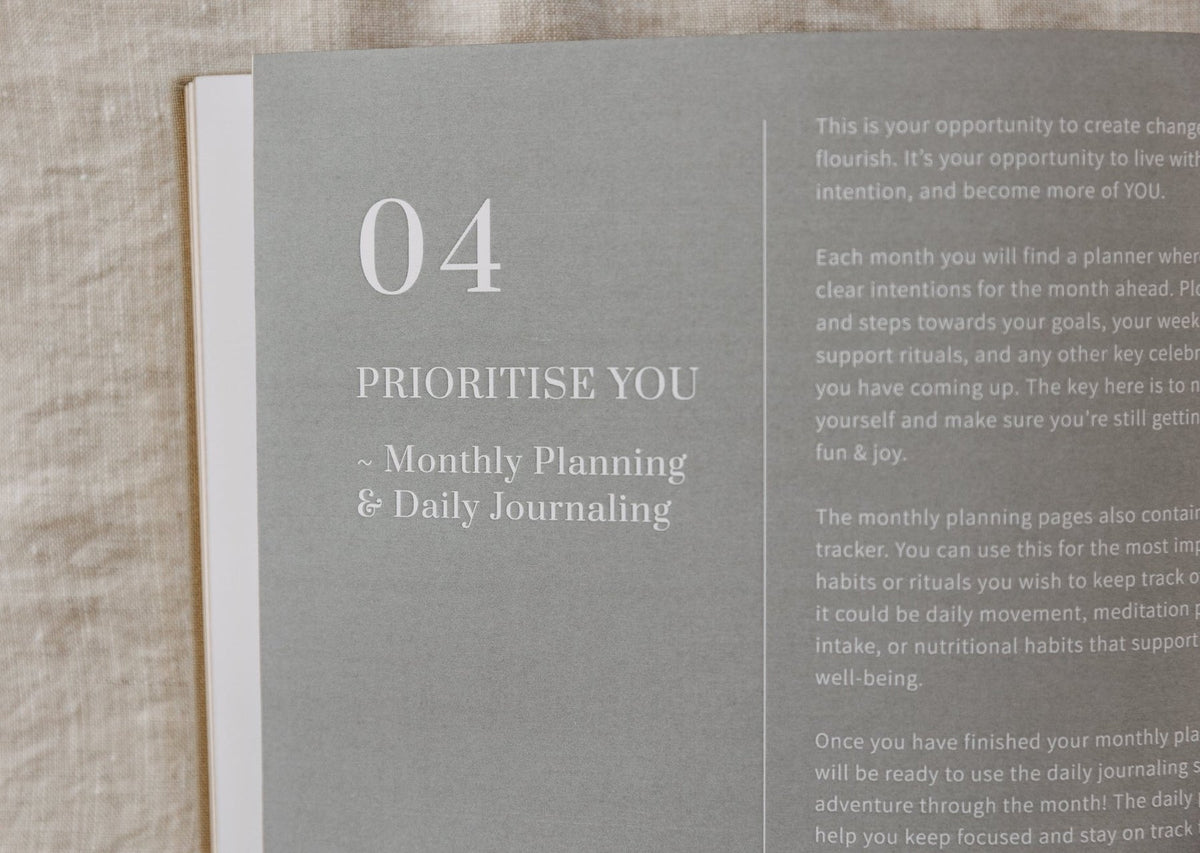 Section divider page of the YOU. journal headed 04, Prioritise You, monthly planning and daily journalling