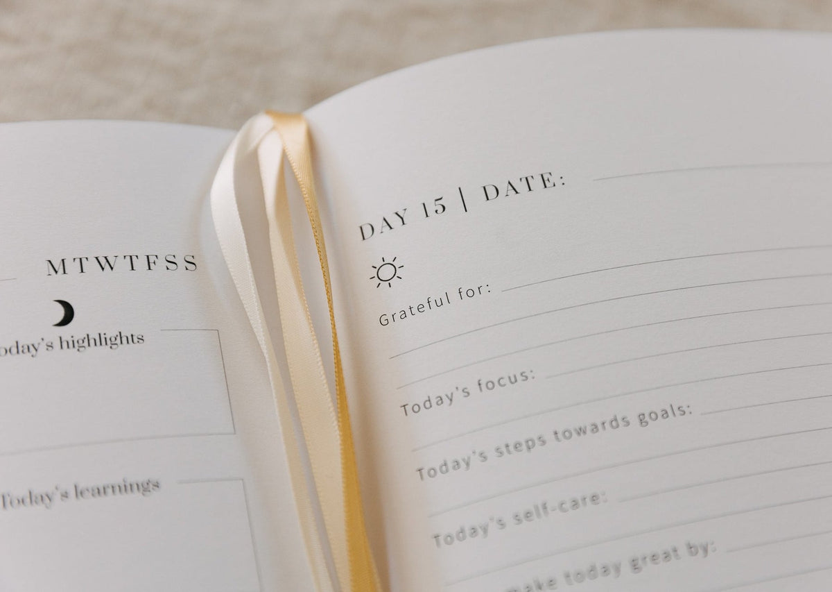 Open Day 15 page of the YOU. journal with prompts for gratitude, focus, goals and self care