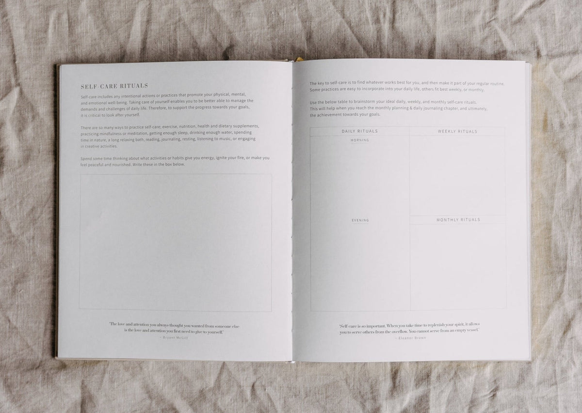Open spread of the YOU. journal with an explanatory page beside a page of blank fields to complete