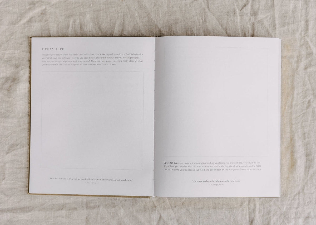 The YOU. journal lying open on linen showing two pages of introductory text