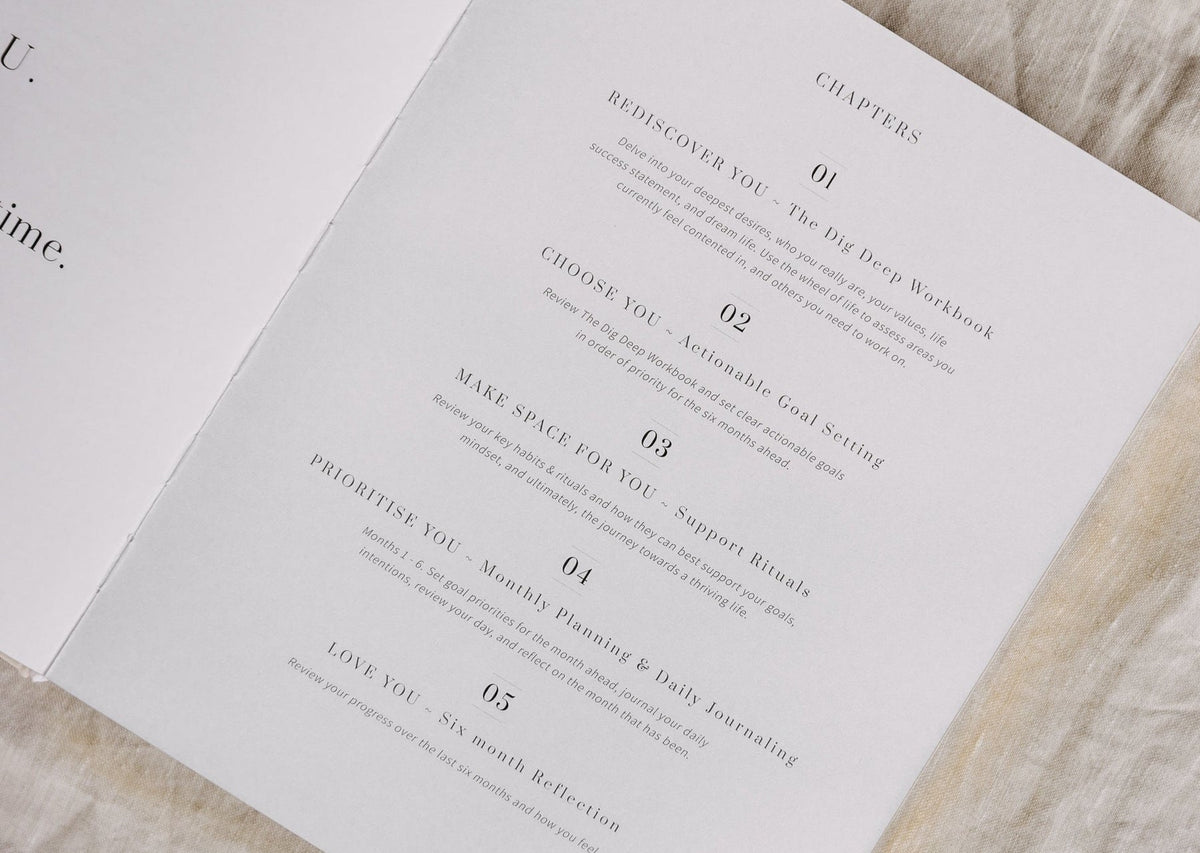 Open page of the YOU. journal listing the five numbered sections of the well-being framework