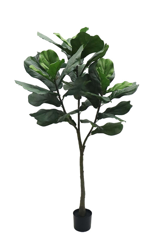 Artificial Big Leaf Fiddle Tree 1.5m potted in a weighted starter base, styled in a modern living room corner