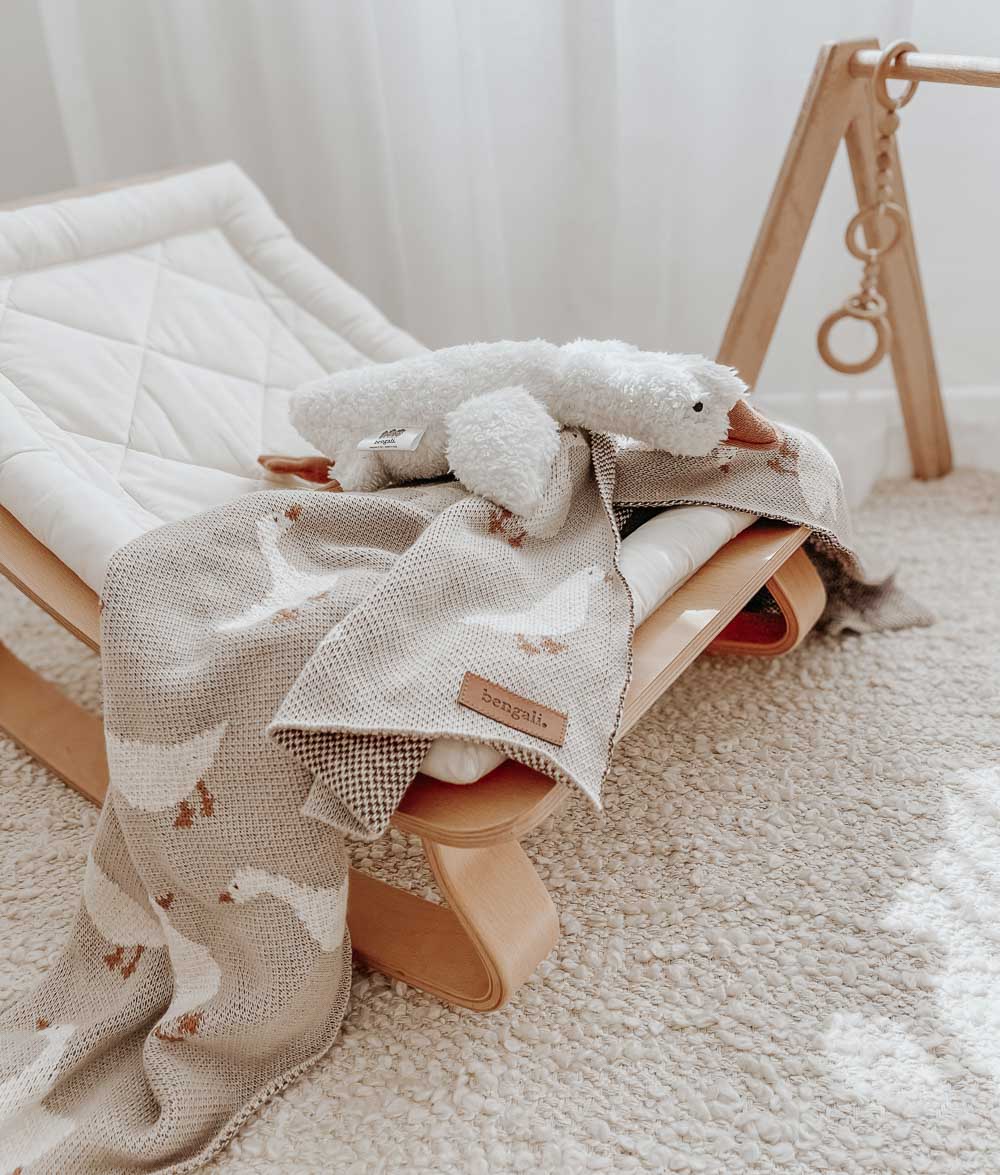 Gary the Goose comforter on a baby bouncer in front of a wooden play gym