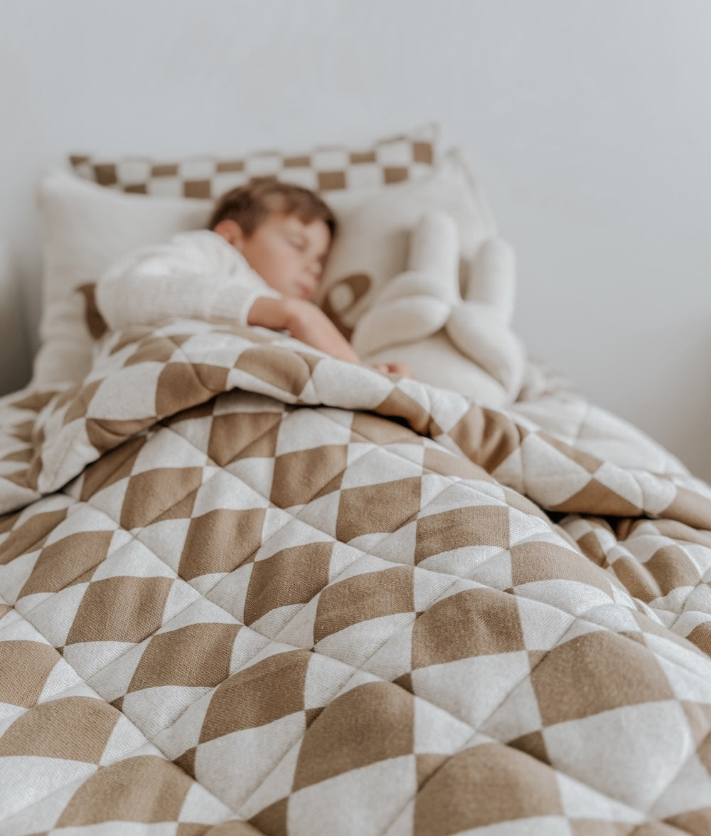Child asleep under the khaki gingham quilt with a check pillowcase beneath