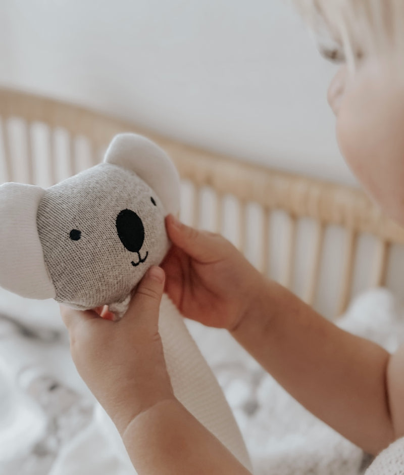 Child's hands holding the grey koala head of the Koala baby comforter snuggly