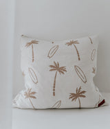Ivory palm and surfboard euro pillowcase photographed straight on against white