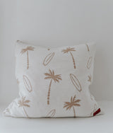 Palm print euro pillowcase on a white surface with the leather Bengali tab visible