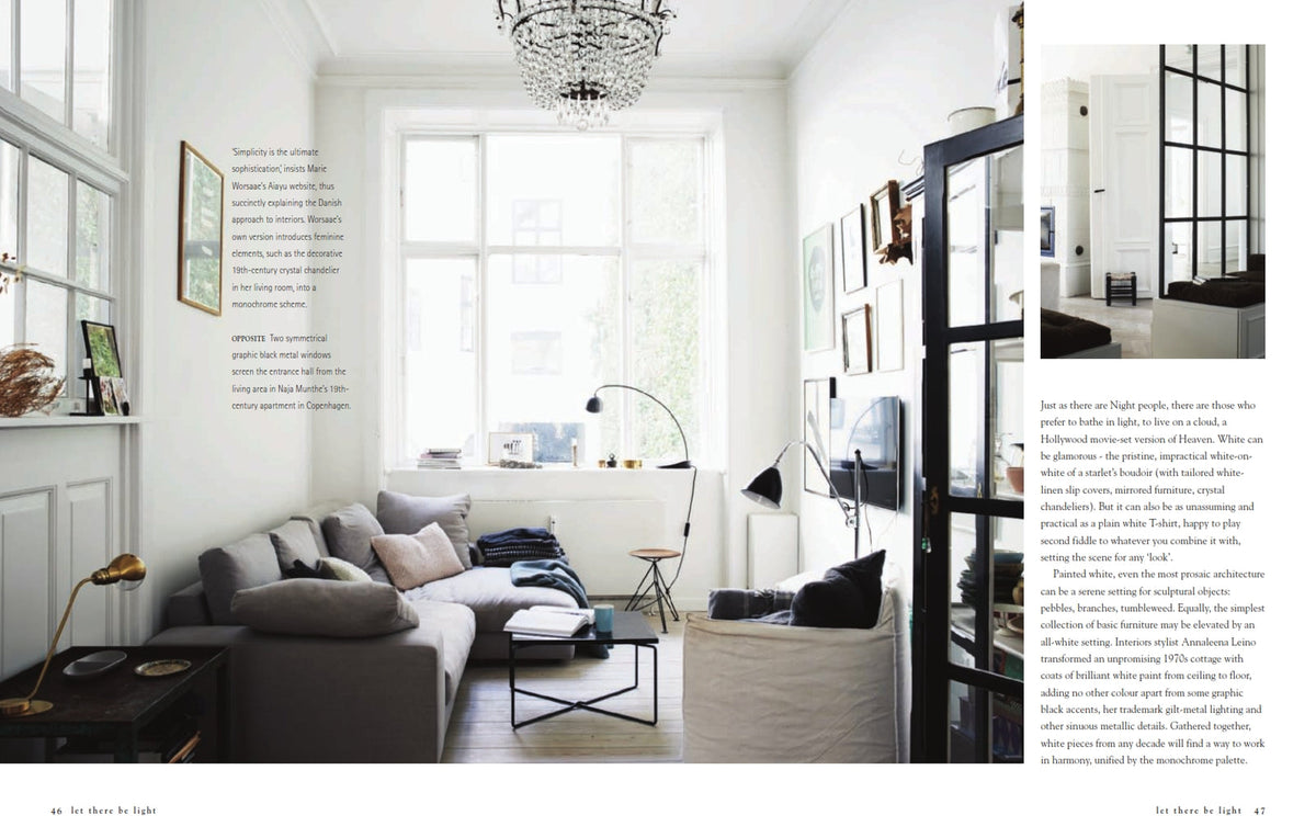 Monochrome Home book page spread showing a monochrome living room