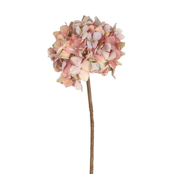 A pink and white Grandiflora Hydrangea artificial flower on a stick with floral styling from Artificial Flora.
