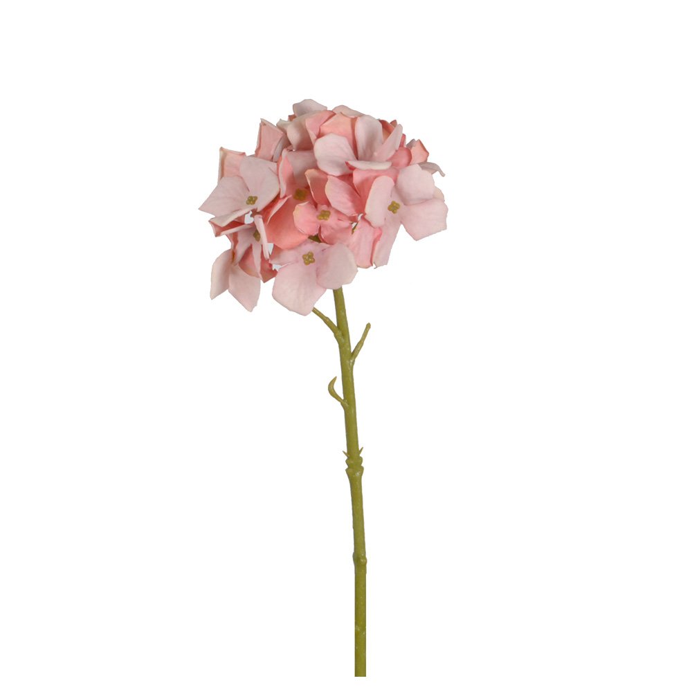 Faux petite hydrangea stem in rose pink on a white background