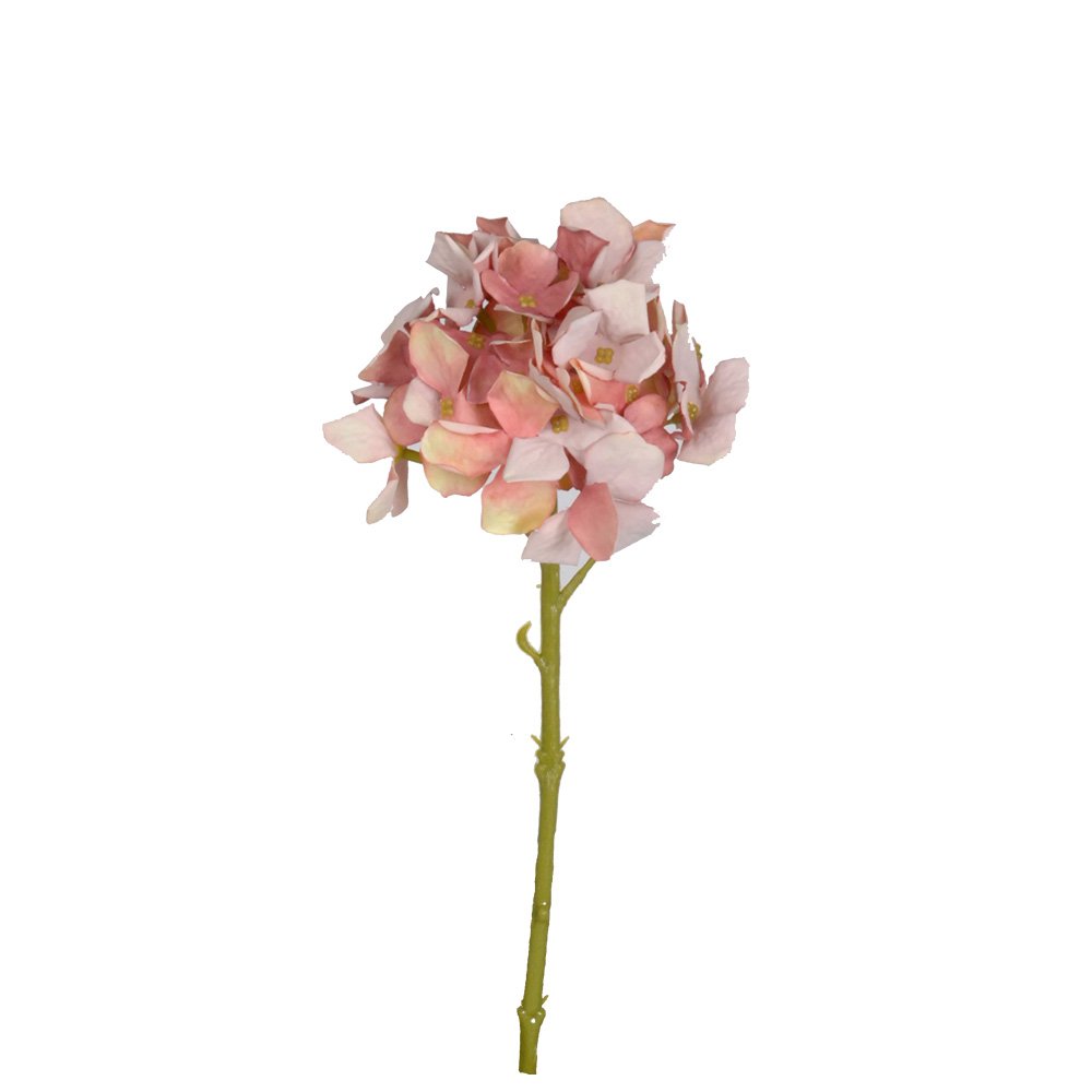 Faux petite hydrangea stem in mixed pinks on a white background