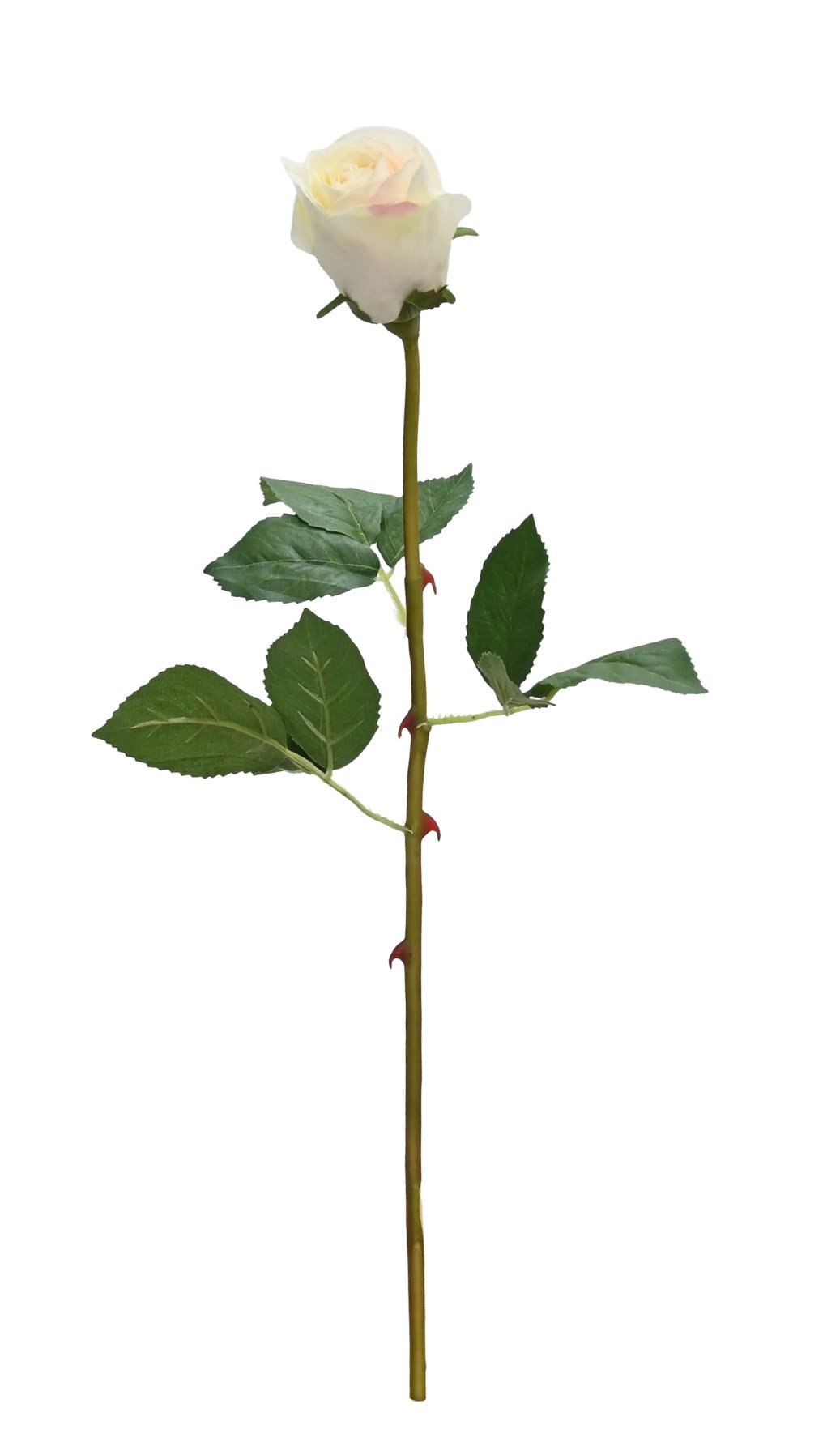 Asher rose bud faux stem in white with green leaves along a 51cm stem