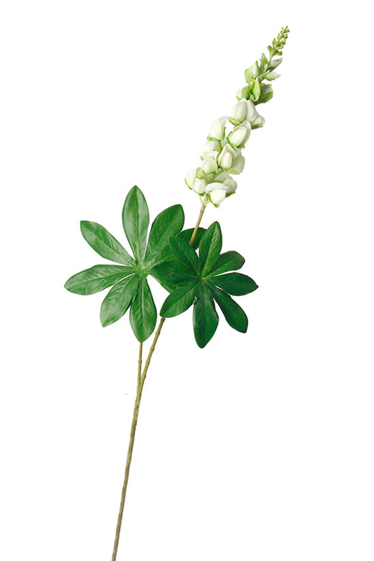 Cream lupin spray, a faux stem with a tall flower spike and palm-shaped leaves, on white