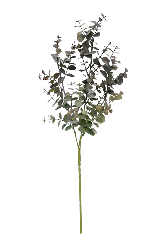 Faux silver dollar eucalyptus stem in grey and pink on a white background
