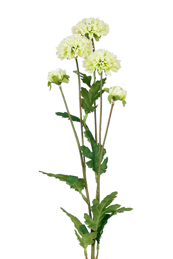 Pompom mum spray in green, 68cm faux stem with layered rounded blooms