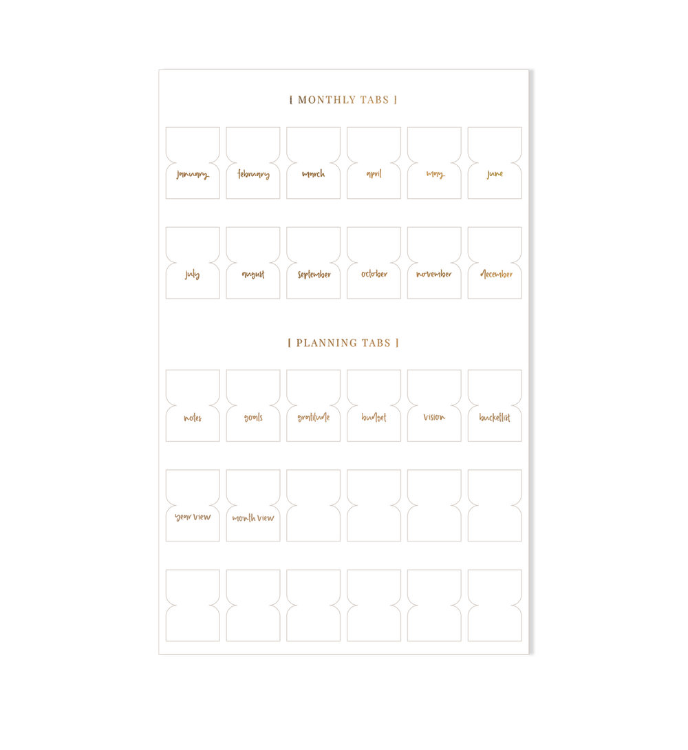 Emma Kate Co Planner Tab Stickers, signature lettering champagne gold foil