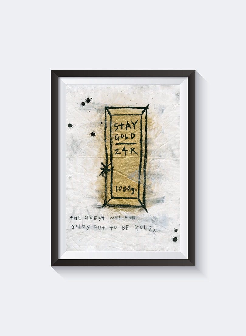 Stay Gold Bar 1000G A3 print by Federation, hand drawn 24K gold bar with handwritten line below, in a black frame