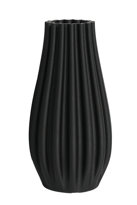 Steffi vase in matte black, the fluted body tapering to a crimped opening